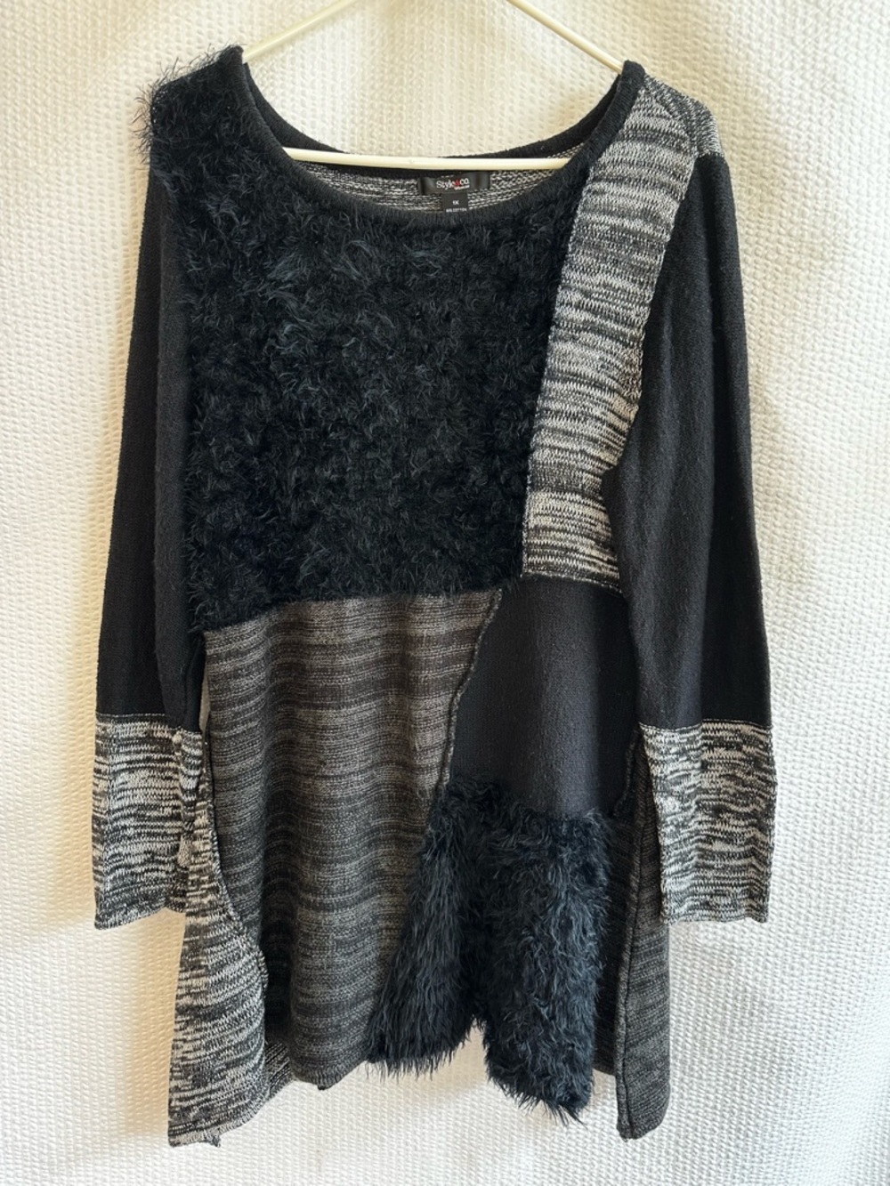 STYLE & CO Black Gray Colorblock Knit Tunic Sweater 3/4 Sleeve Plus Size 1X